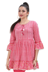 Pink Batik Print Peplum Style Short Kurti with Bell Slevees
